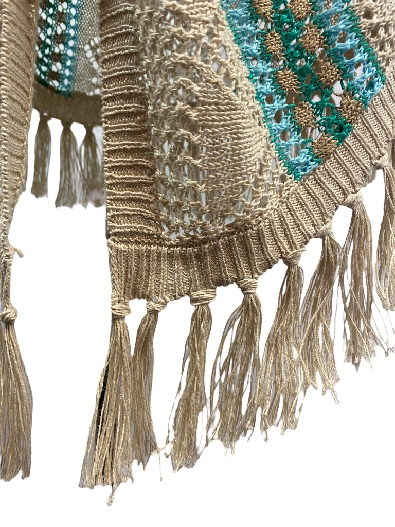 Small Chico's Women's Summer Linen Boho Fringed Loose Knit Cardigan Sweater
