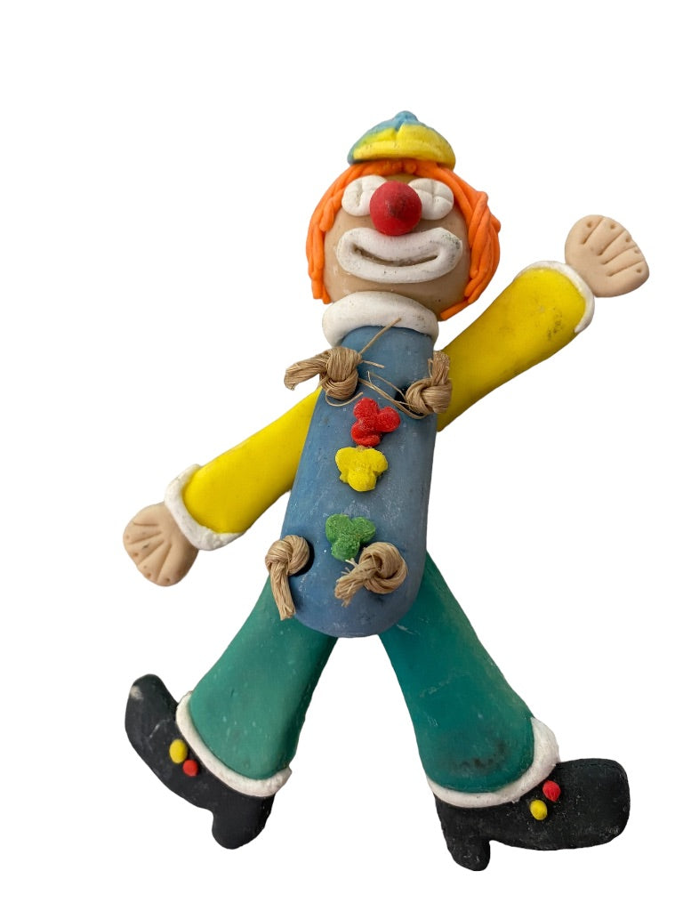 Handmade Clay Clown Articulated Magnet 5" Blue Green Yellow with Cap