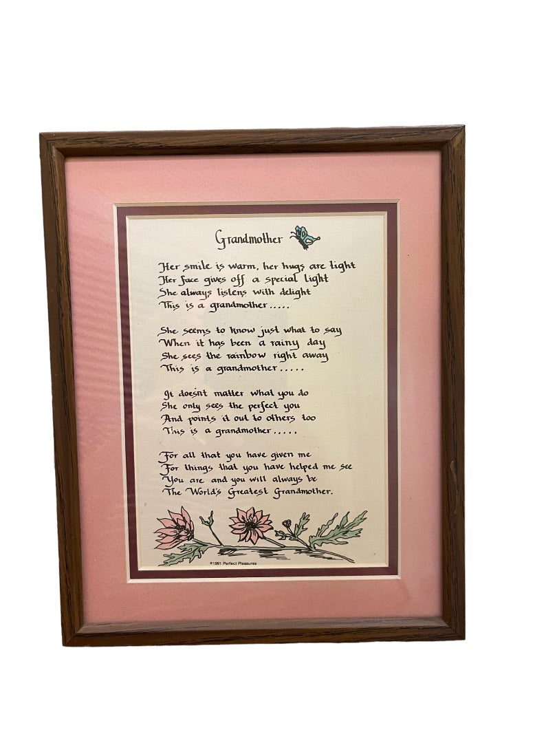 Grandmother Framed Matted Poem Pink Wall Hanging or Freestanding
