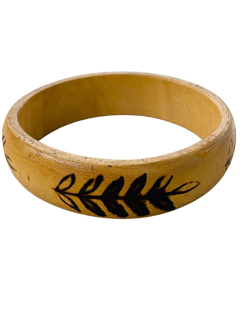 Vintage Wooden Bangle Bracelet Wood Burned Fern Design 2.75" Inside Diameter