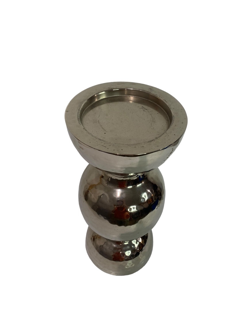 Textured Silvertone Hollow Metal Pillar Candle Stand 14"H
