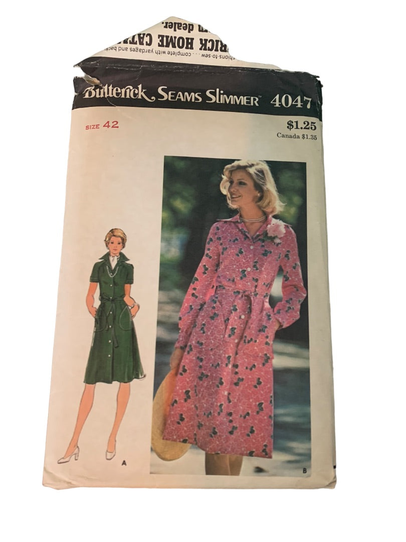 Size 42 Butterick Seams Slimmer 4047 Uncut Pattern Vintage 1970s A-Line Dress