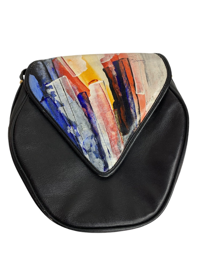 Brushstrokes Painted Flap Black Leather Bag Shoulderbag Purse 1990s