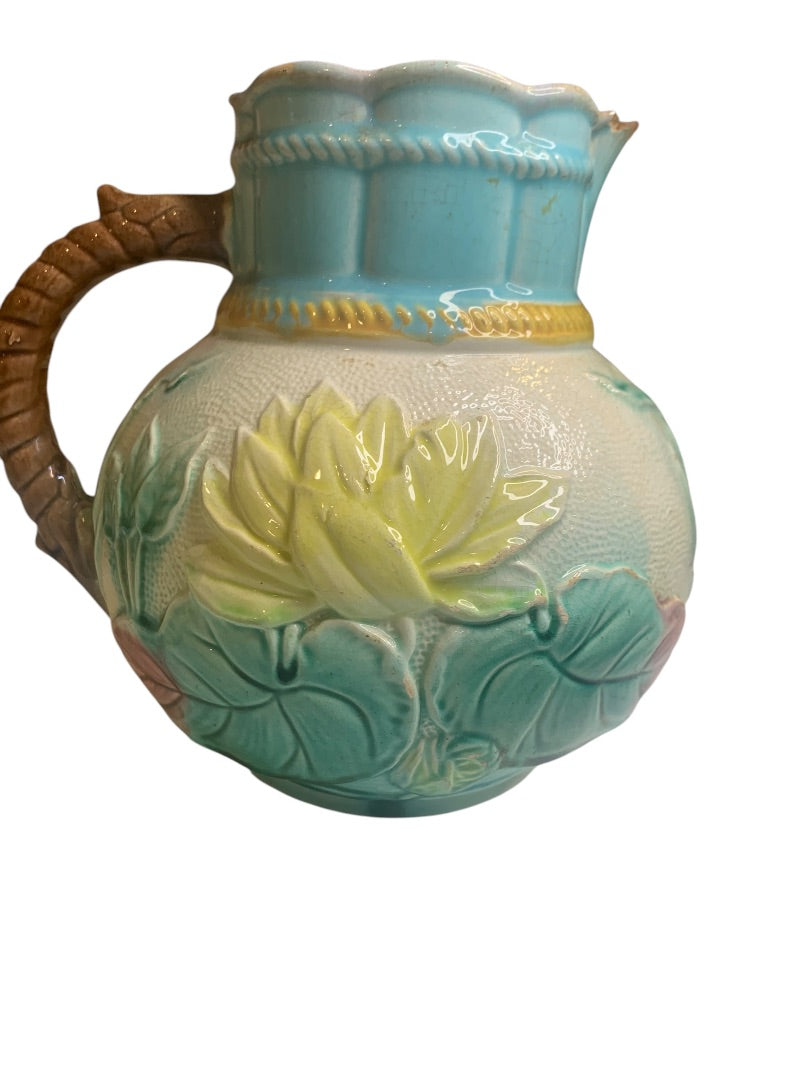 Samuel Lear Majolica Pitcher Water Pond Lily Rope Antique Victorian Chips