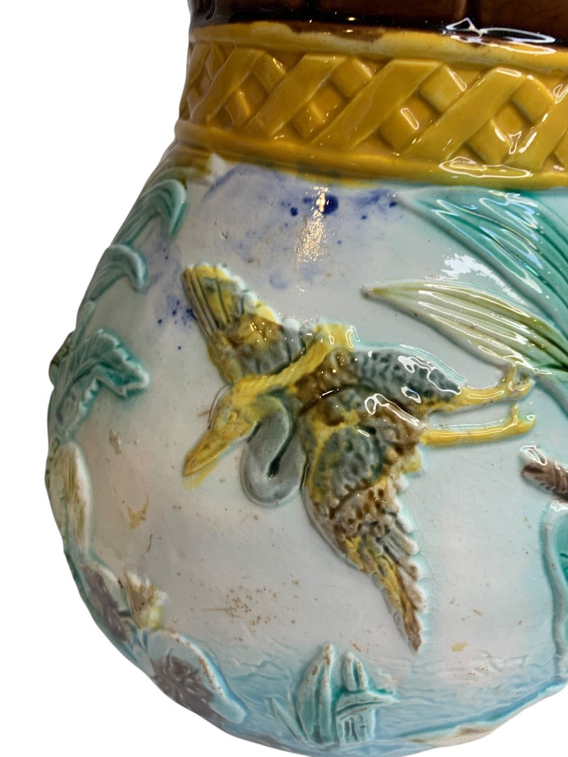 Antique Majolica Pitcher Heron 8 Inch Vibrant Color 1880s Marked