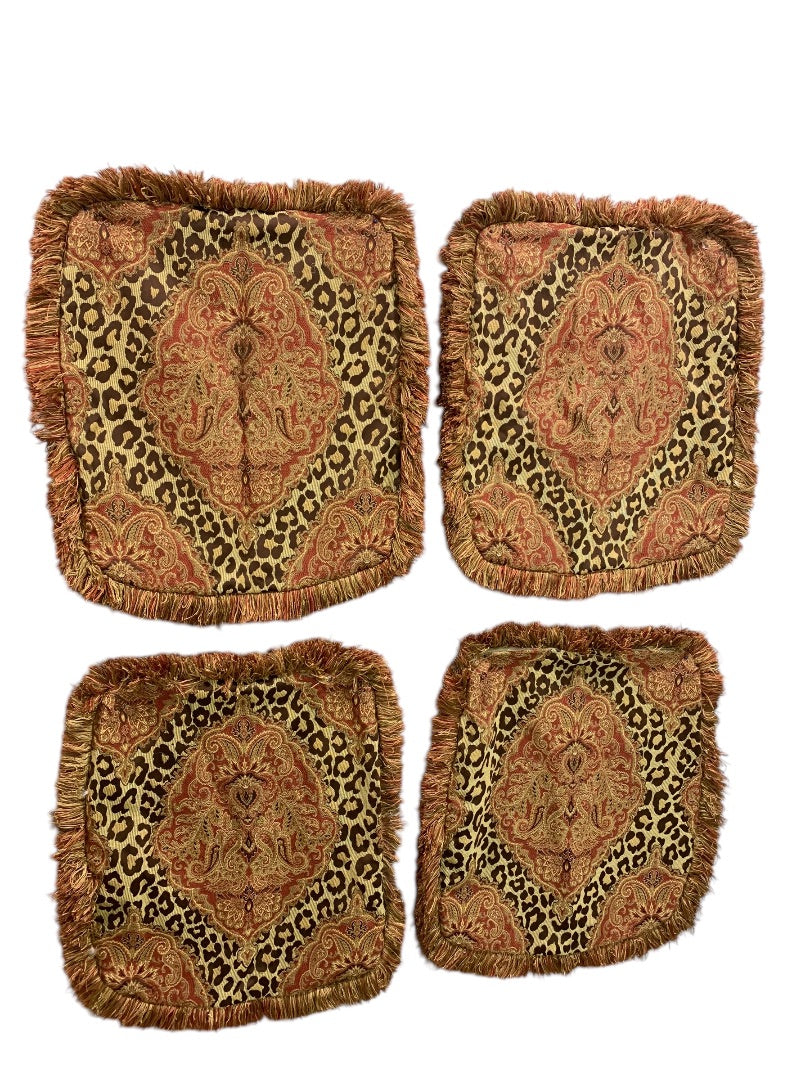 Set of 4 Pillow Covers Animal Print Fringed 18 Inch Square Zip Closure