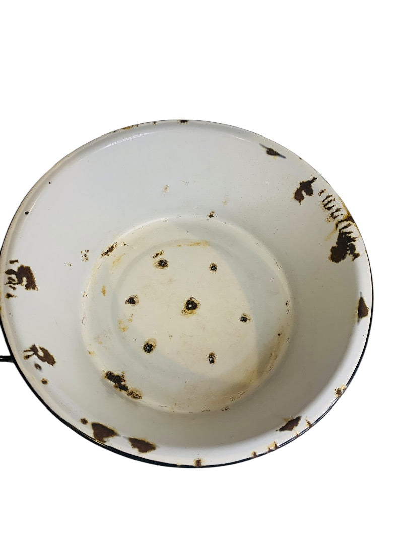 Vintage 16 Inch Round Enamelware Black White Tub Pierced Sieve