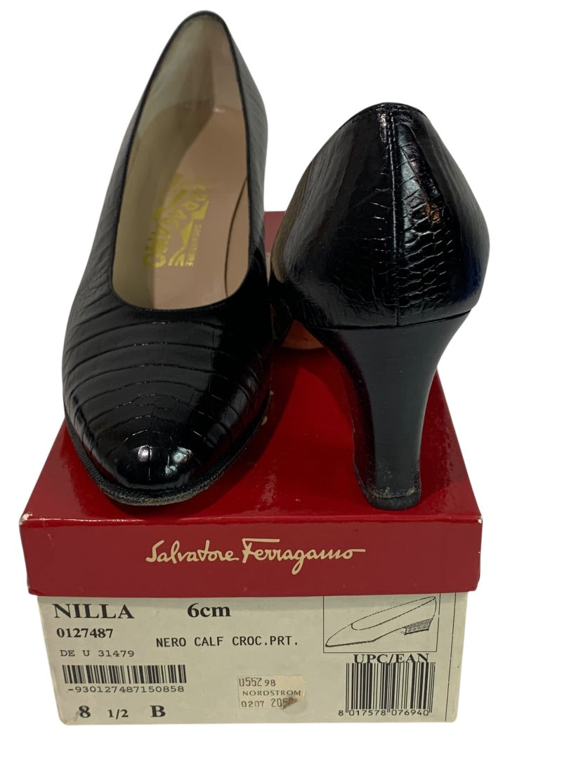 Size 8.5 Salvatore Ferragamo Womens Pumps Nilla Black Croc