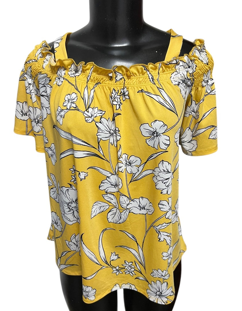 Large PerSeption Concept Floral Off Shoulder Womens Shirt Yellow