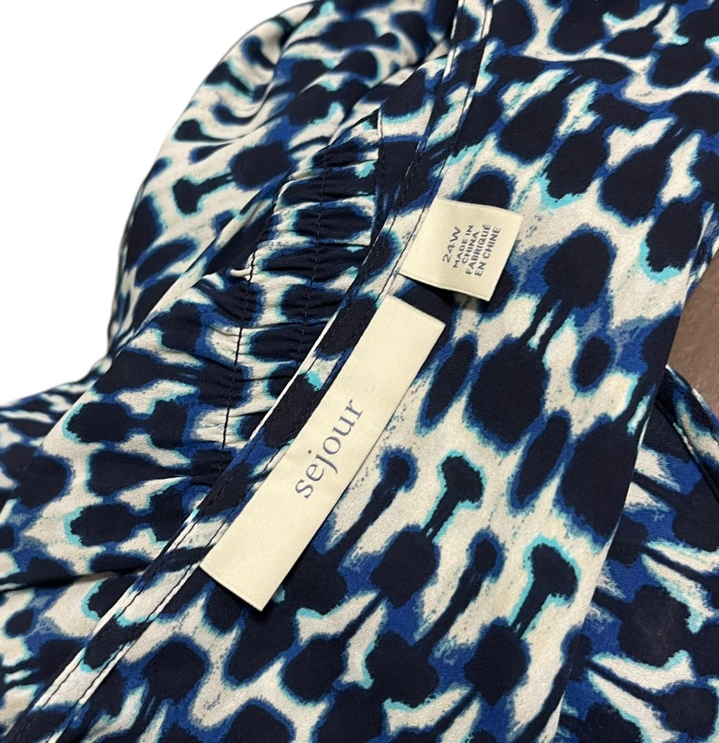 Size 24W Sejour Capsleeve V-Neck Womens Geometric Patterned Shirt Blouse Blue