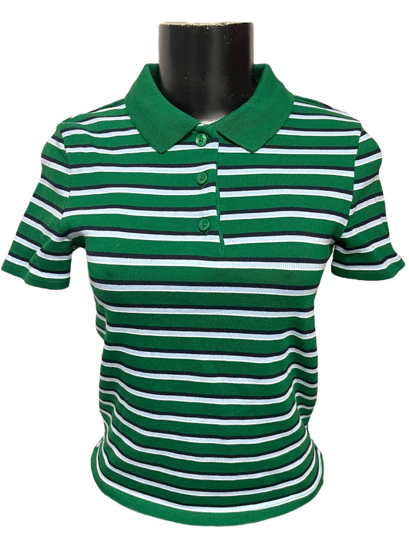 Medium Zara Womens Fitted Waist Length Striped Polo Shirt Green