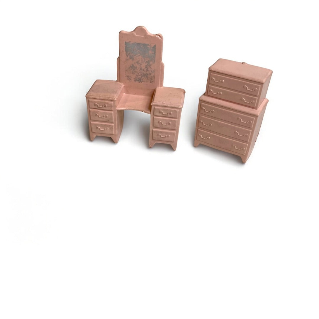 1950s Pink Miniature Dollhouse Vanity Bureau Set Bedroom 1:24