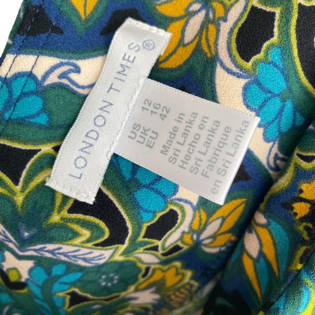 Size 12 London Times Retro Paisley Print Stretch Dress 3/4 Sleeve