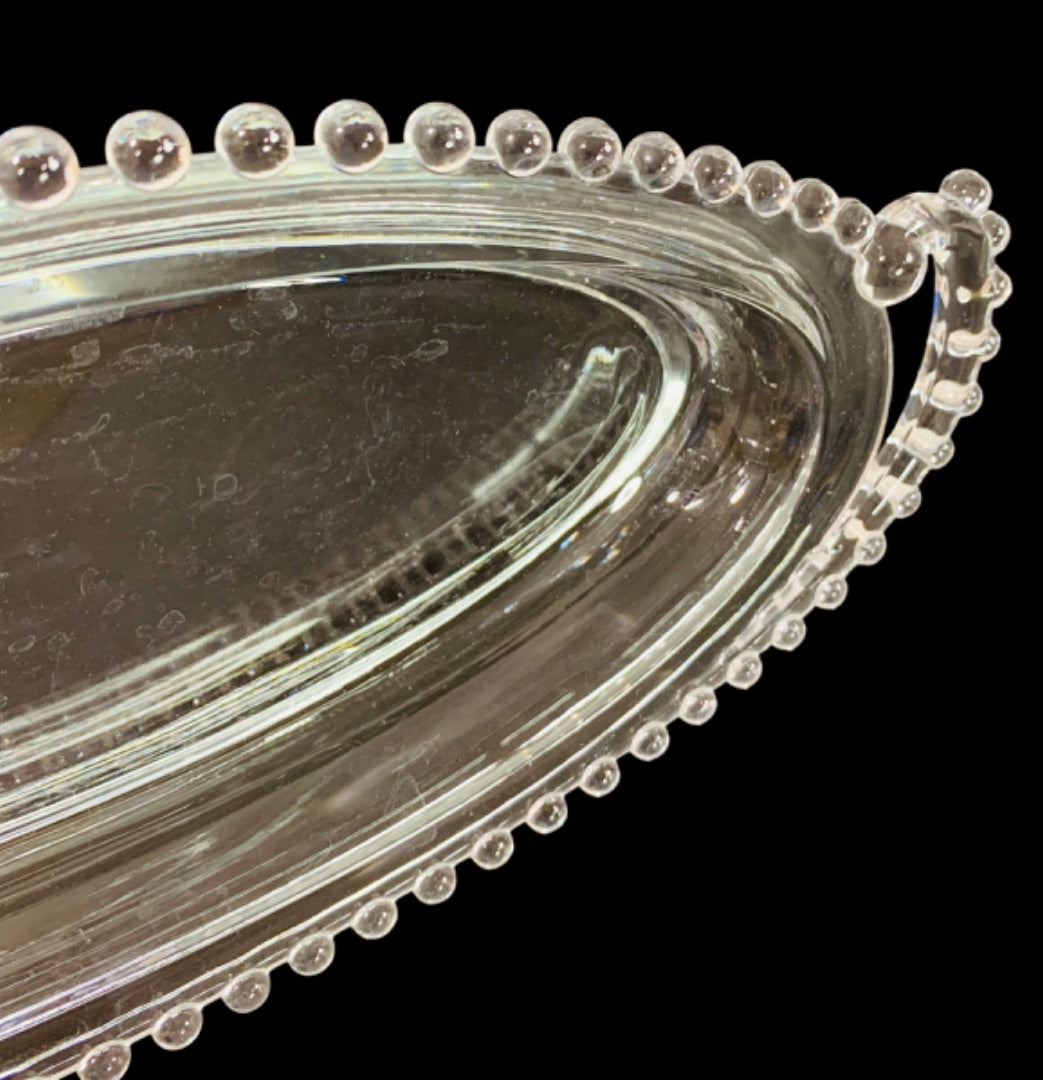 Imperial Glass Oval Celery Dish Beaded Curved Handle 13.5 Inch Candlewick