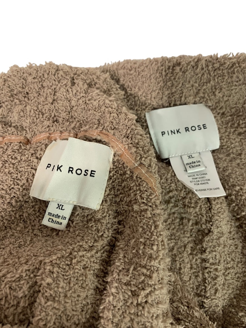 XL Pink Rose Womens Brown Teddy Fleece Pajama Set Lounge Wear