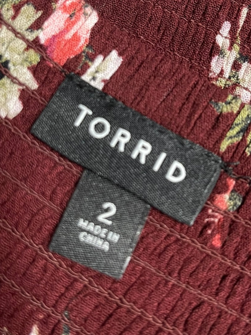 2X Torrid Floral Gauze Maxi Dress V-Neck Tie Back Merlot