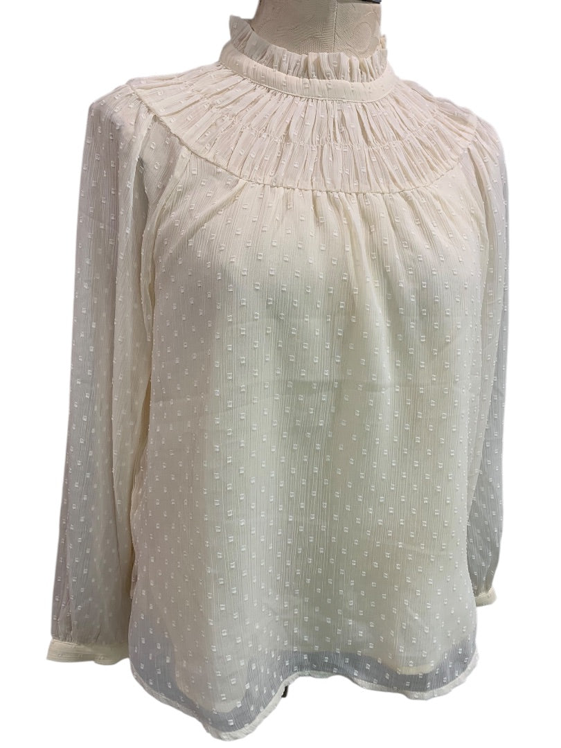 Small Petite Loft Ivory Womens Blouse Flowy Long Sleeve Lined Shirt Sheer Sleeve