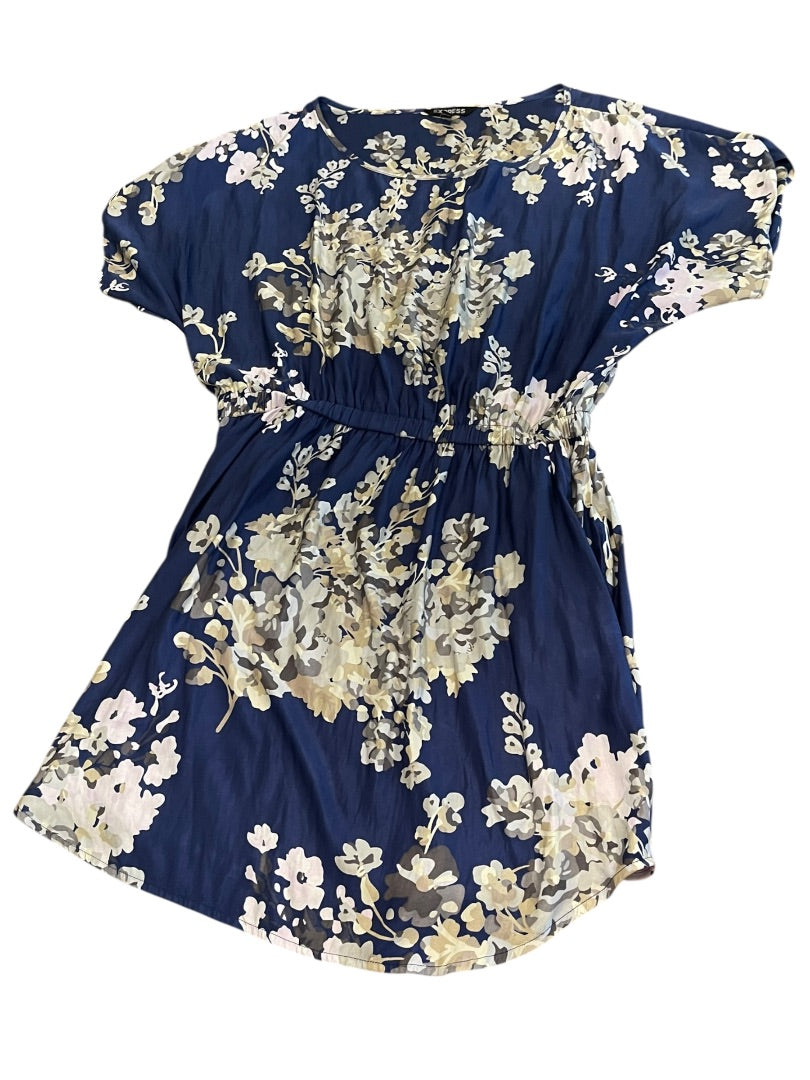 Large Express Floral Scoop Neck Elastic Waist Mini Dress Blue Pockets