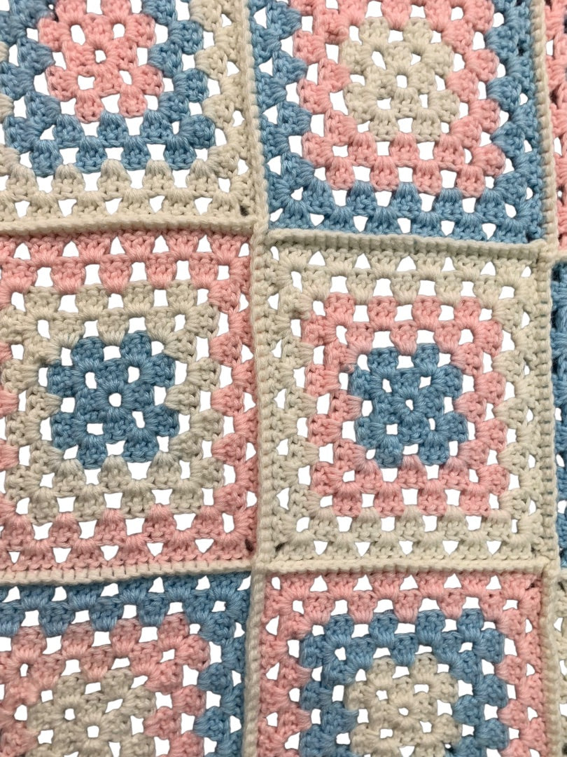 Vintage Baby Blanket Crocheted White Blue Pink Granny Square 39 x 30 Inch