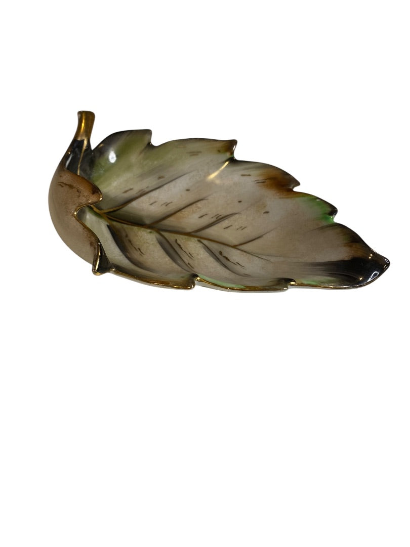Midcentury Ceramic Leaf Trinket Dish Green Brown Gold Trim 6" x 4"