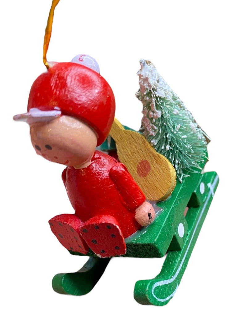 Vintage Wooden Christmas Holiday Ornaments Sled Candy Cane 2" and 3.75"