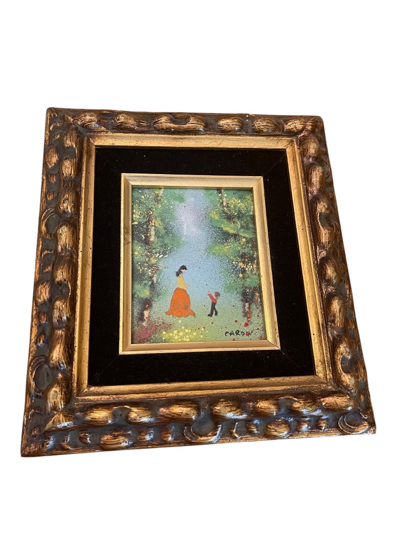 Vintage Louis Cardin Original Enamel on Copper Painting Mother Child 8.5" x 9.5"