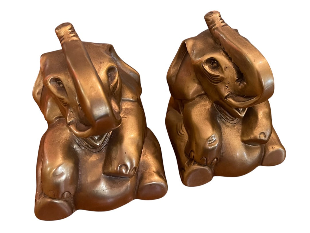 PM Craftsman Trunk Up Elephant Book Ends USA Heavy Goldtone