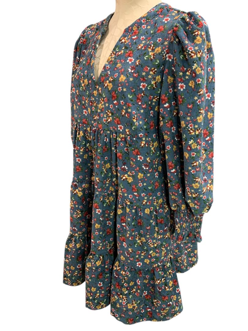 Size Medium Umgee Floral Corduroy Dress Pockets Blue V-Neck