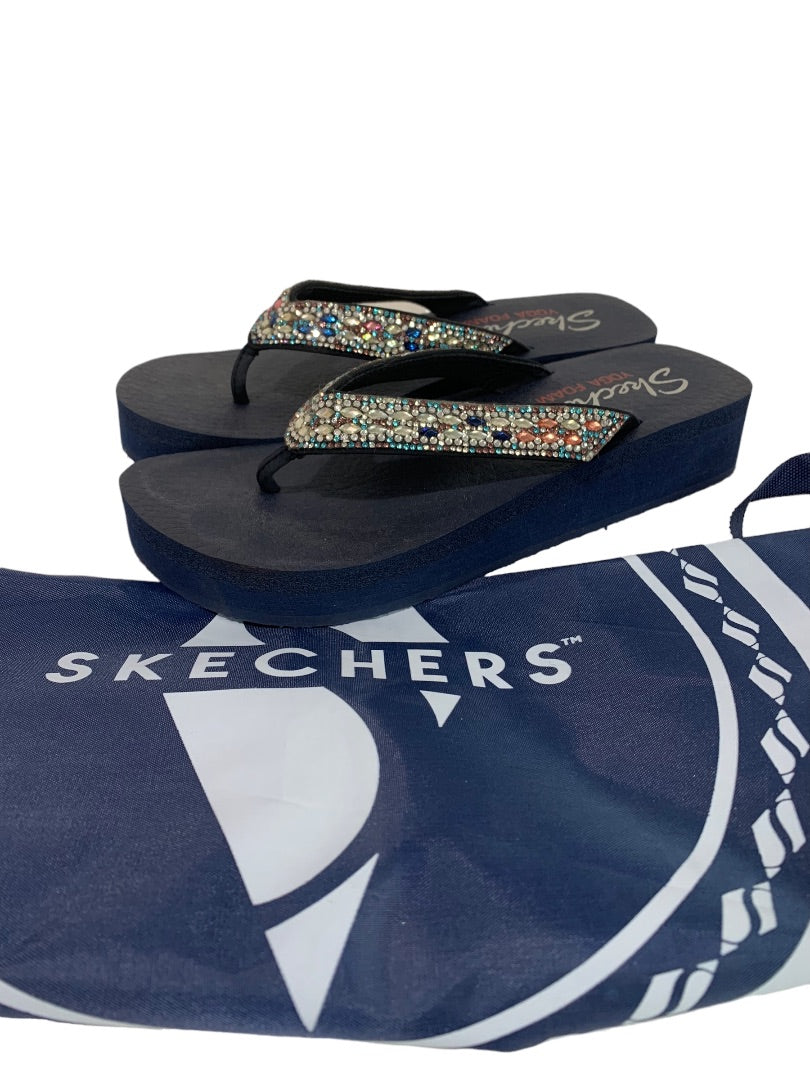 Size 8 Skechers Yoga Foam Platform Flip Flop Sandals Jeweled Navy Blue