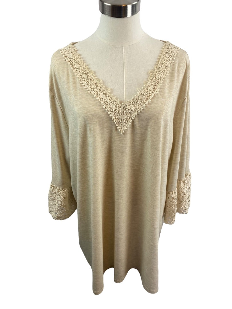 2X Ruby Rd Women's Oatmeal V-Neck Crochet Trim Pullover Top Shirt