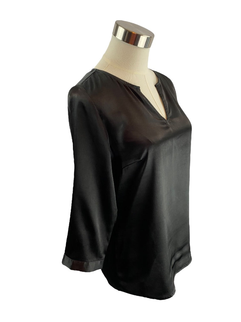 XS The Limited Womens Black Satin 3/4 Sleeve Pullover Split Neck Blouse