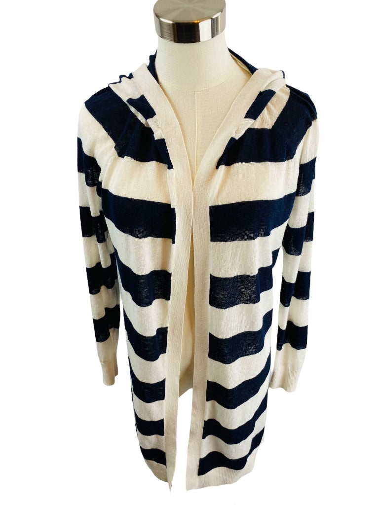XS LOFT Womens Navy Blue White Striped Linen Blend Sweater Hooded Lightweight