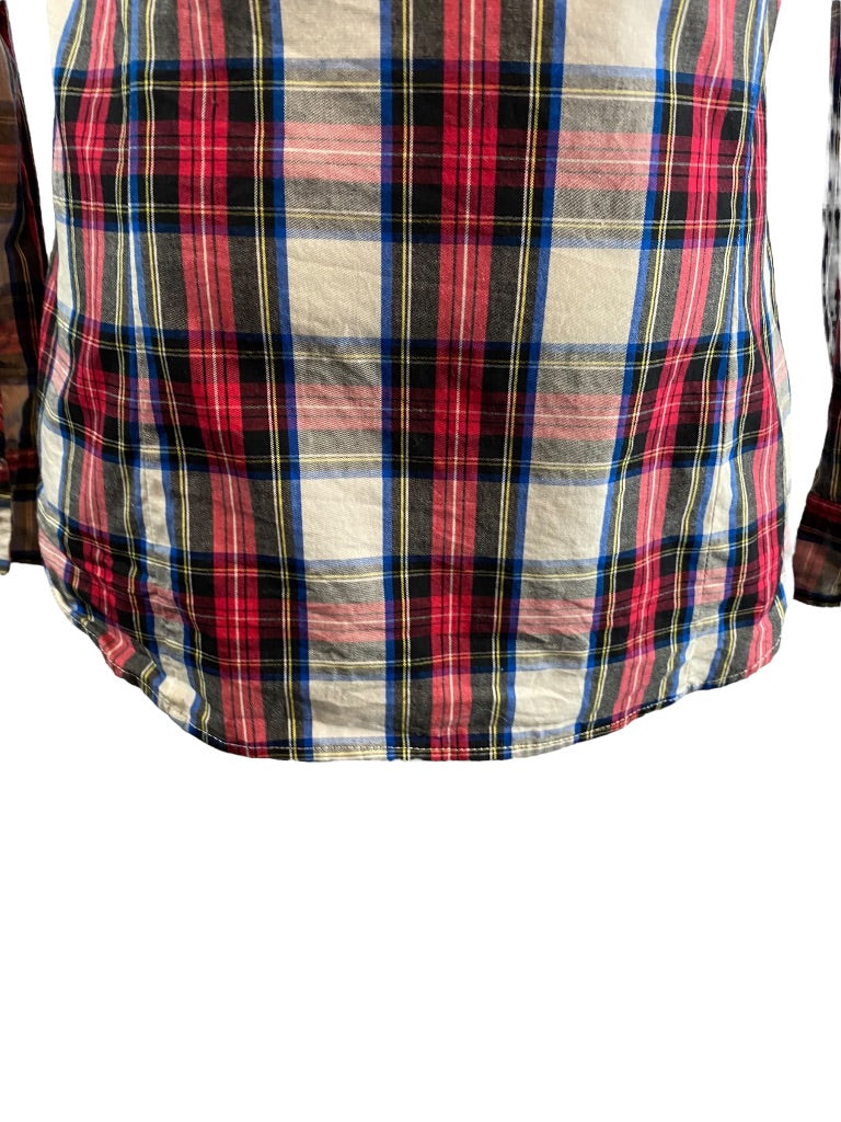 XS J.Crew Womens Plaid Button Up Ruffle Collar Blouse Stretch Cotton