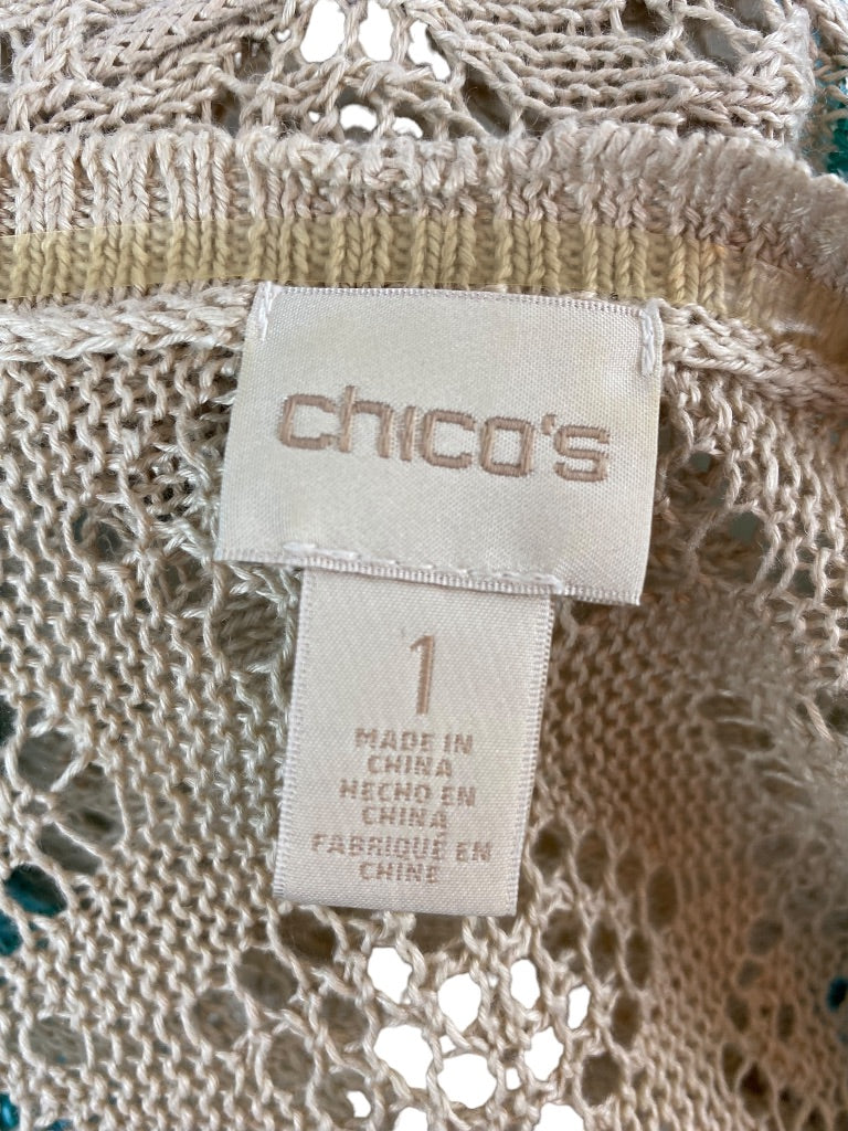 Small Chico's Women's Summer Linen Boho Fringed Loose Knit Cardigan Sweater