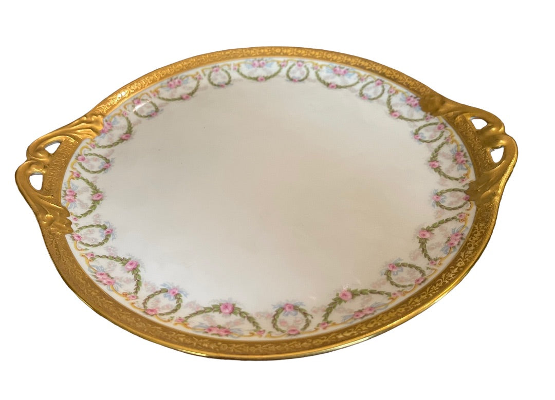 Redon Handled Cake Plate Rose Garland Wreath Pattern Vintage 11" Gold Verge