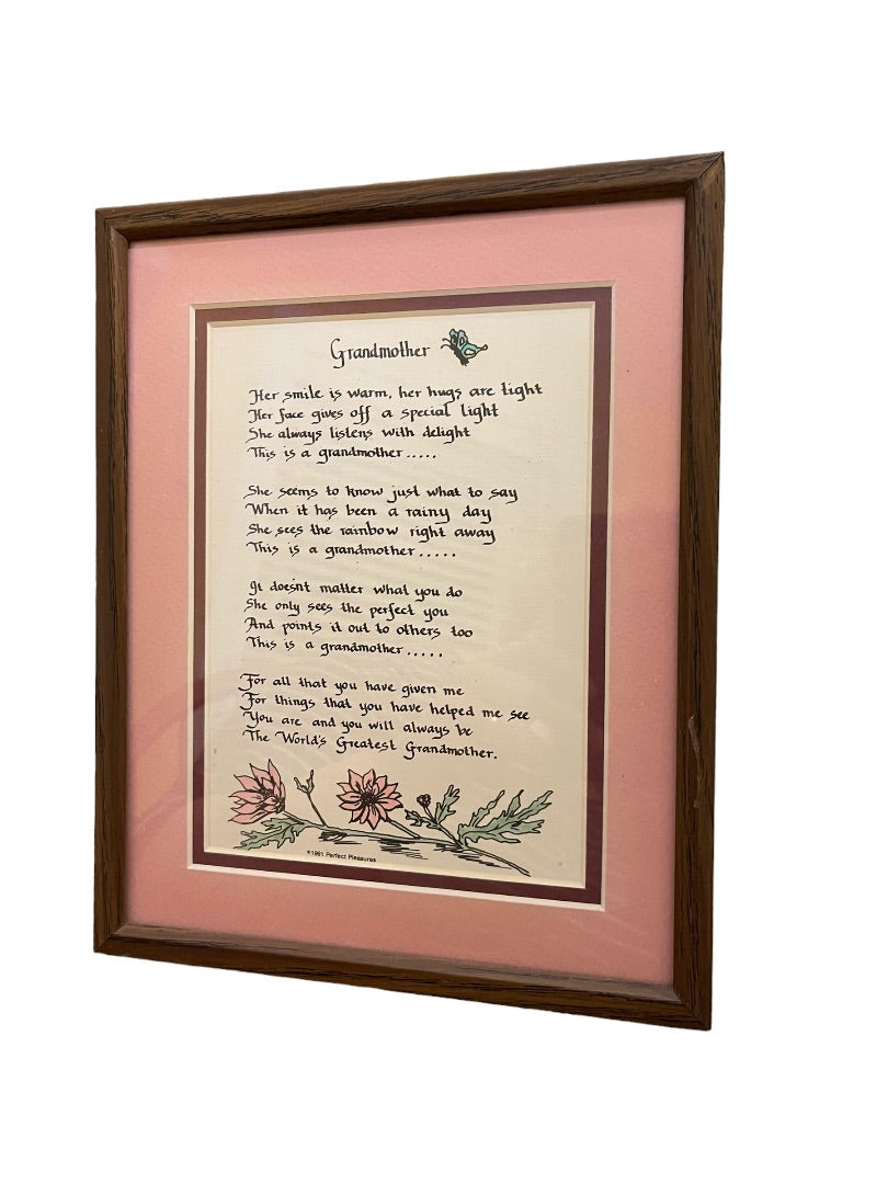 Grandmother Framed Matted Poem Pink Wall Hanging or Freestanding