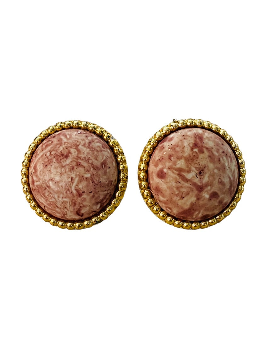 Vintage 1980s Pierced Post Earrings Mauve Goldtone Plastic Lightweight 1" Diameter