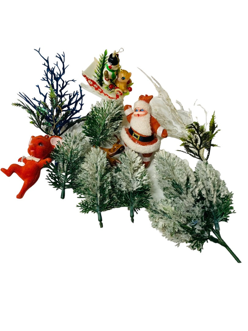 Midcentury Holiday Christmas Decor Santa Mouse Trees Plastic Deer Kitshy Craft
