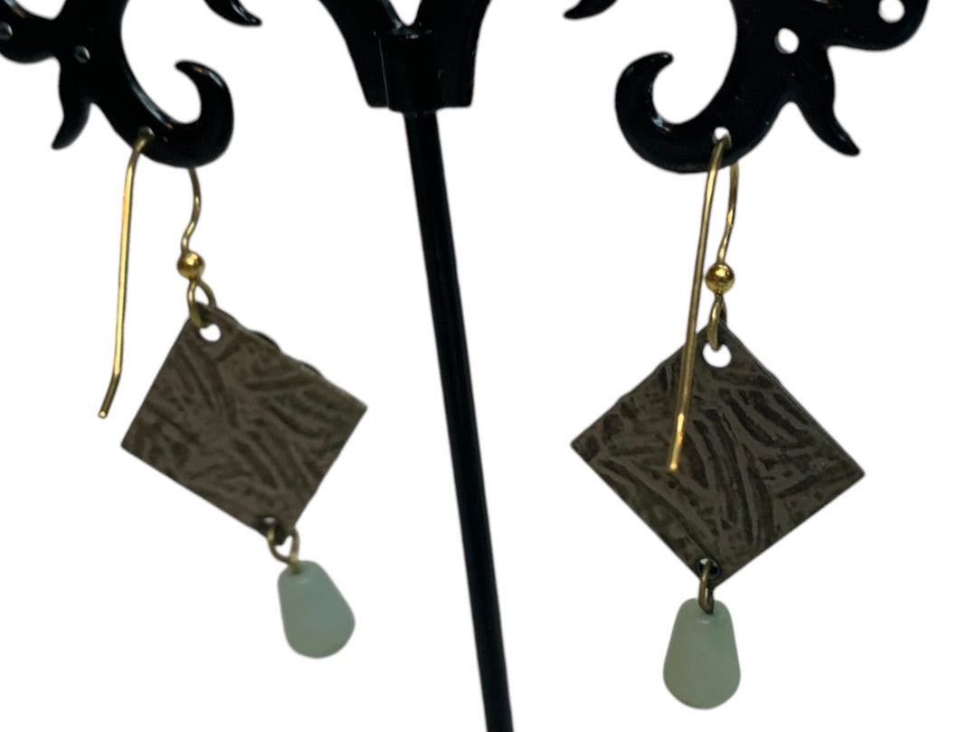 Vintage Antiqued Goldtone Hook Pierced Earrings Green Glass 2.7" Drop Dangle