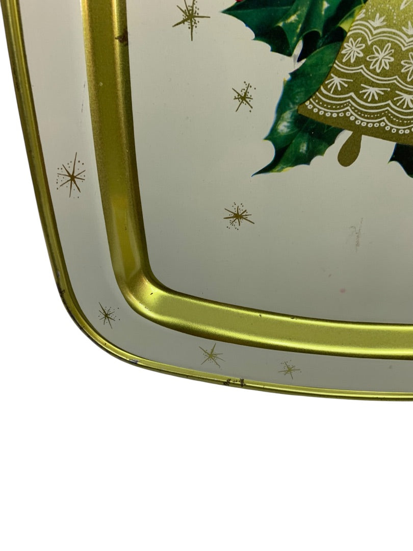 Vintage Holiday Christmas Metal Serving Tray 15 x 11 Inch Starburst Bells