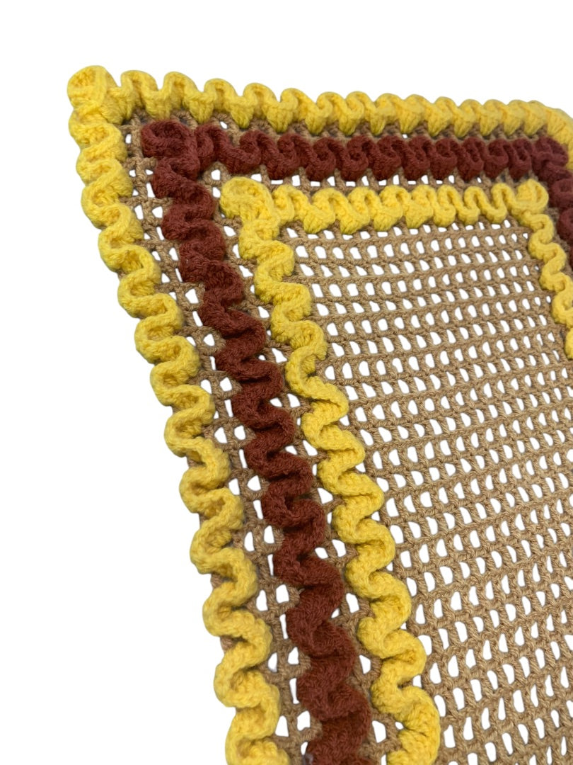 Vintage 1970s Handmade Crocheted Dresser Scarf runner Yellow Brown 29x17 Inches