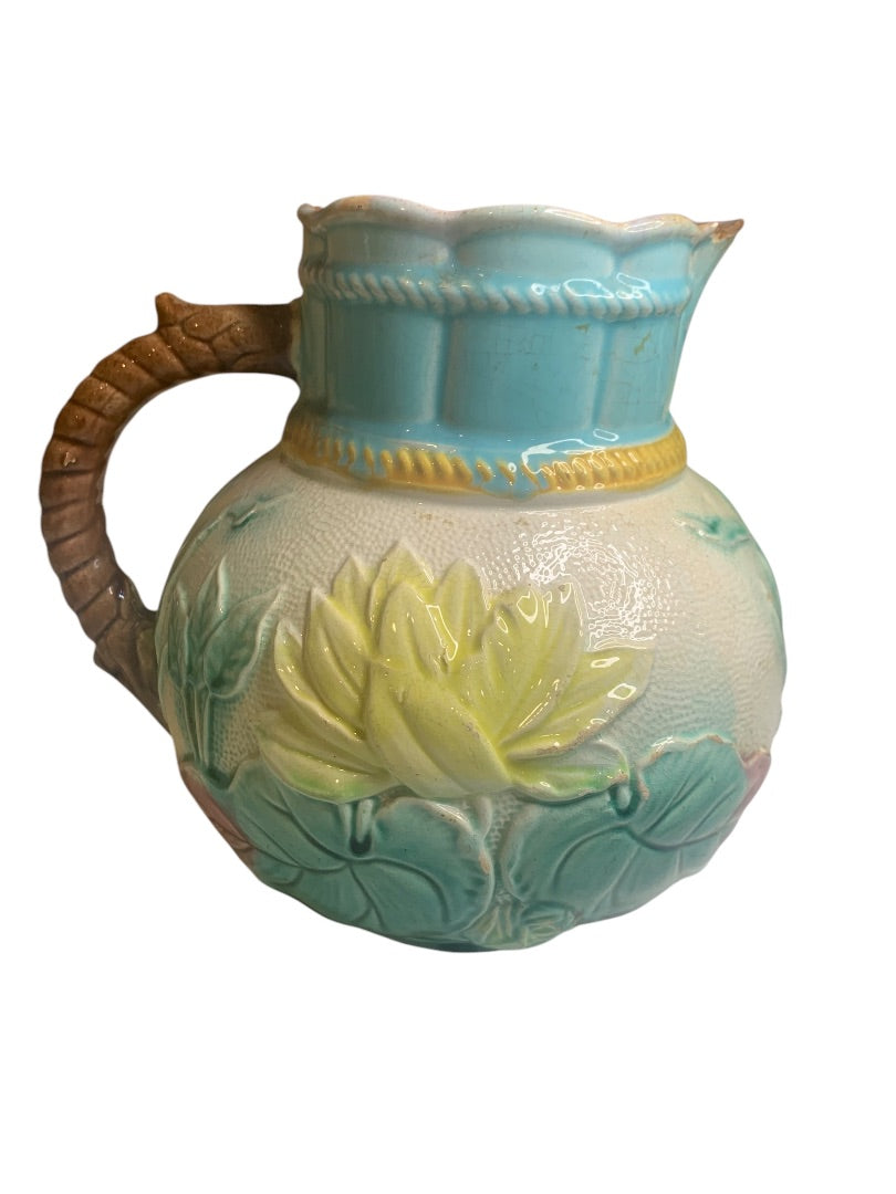 Samuel Lear Majolica Pitcher Water Pond Lily Rope Antique Victorian Chips