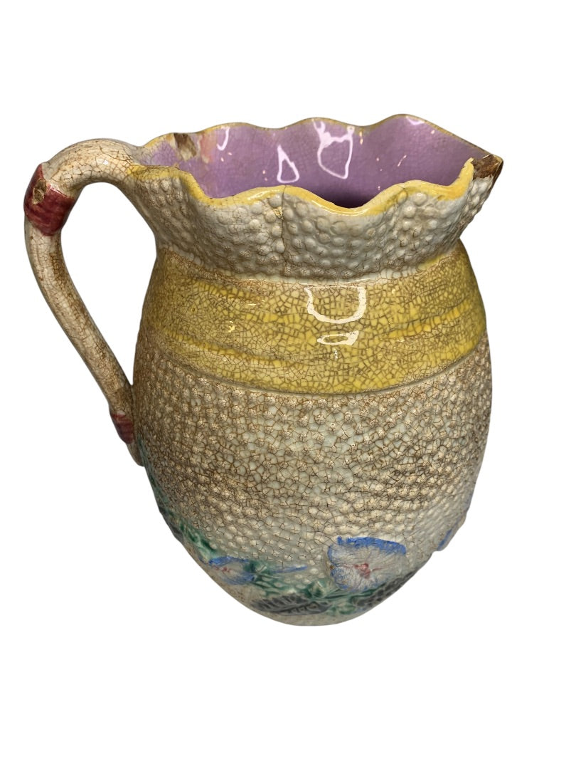 Antique Majolica Pitcher Pottery Wildflower Yellow Bow 7.5 Inch