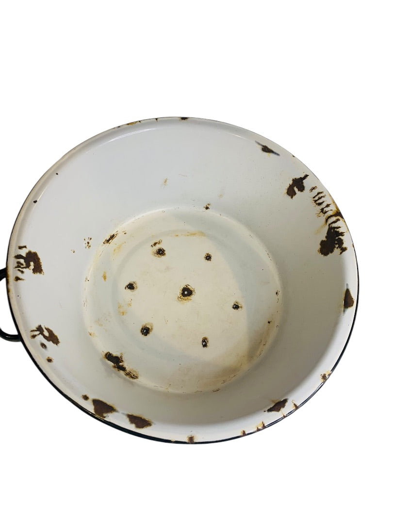 Vintage 16 Inch Round Enamelware Black White Tub Pierced Sieve