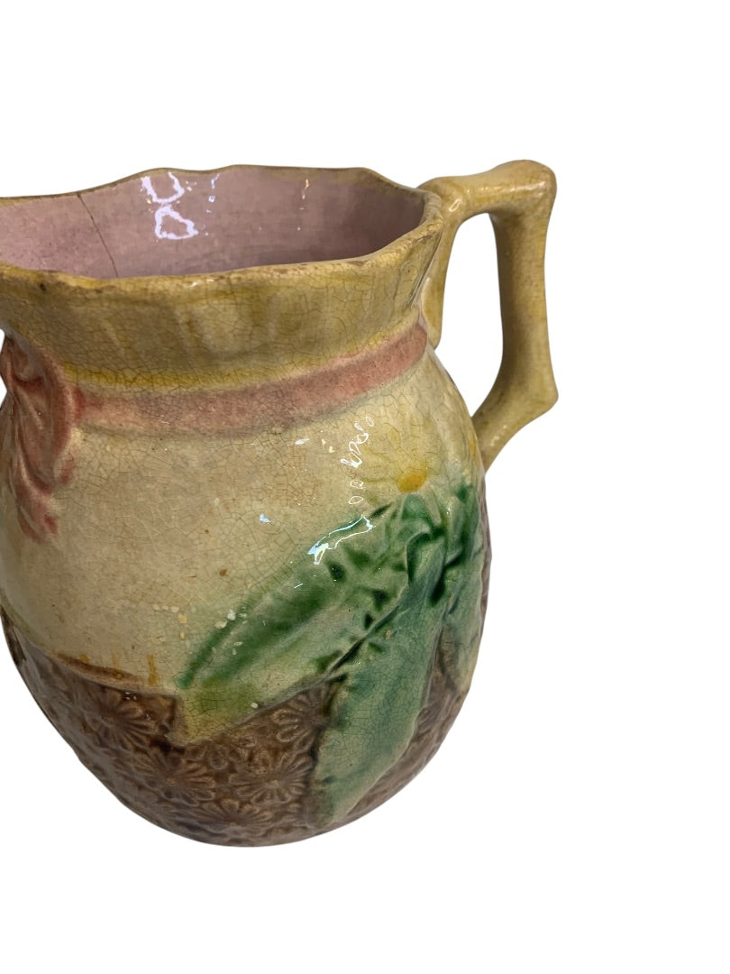 Antique Majolica Pottery Pitcher Daisy Bow Trim 6 Inch