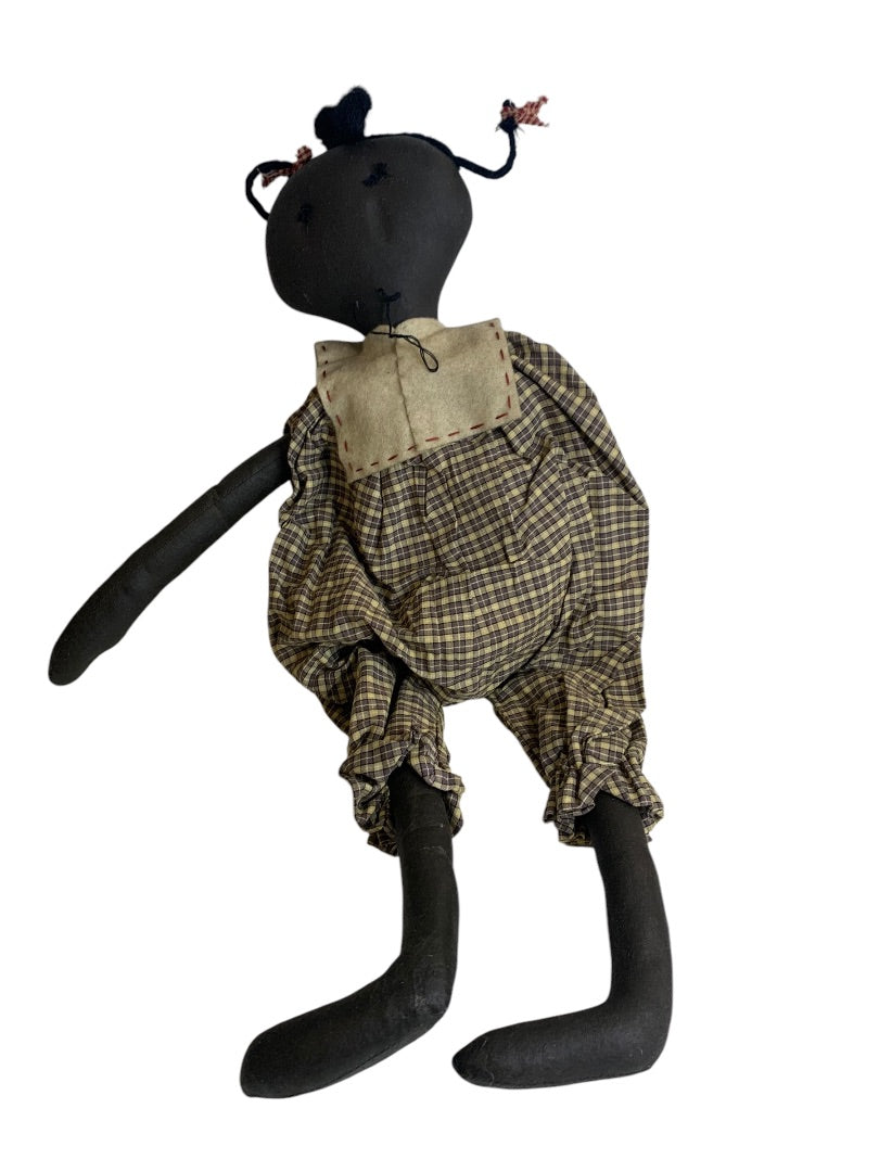 Primitive Style Reproduction Cloth Doll Girl Romper 21 Inch Pigtails