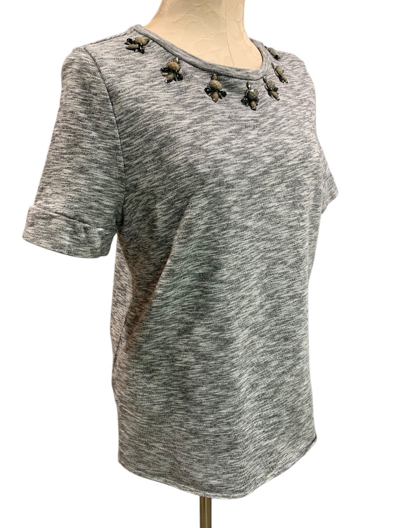 Large Petite Ann Taylor Loft Embellished Terry Short Sleeve Shirt Gray