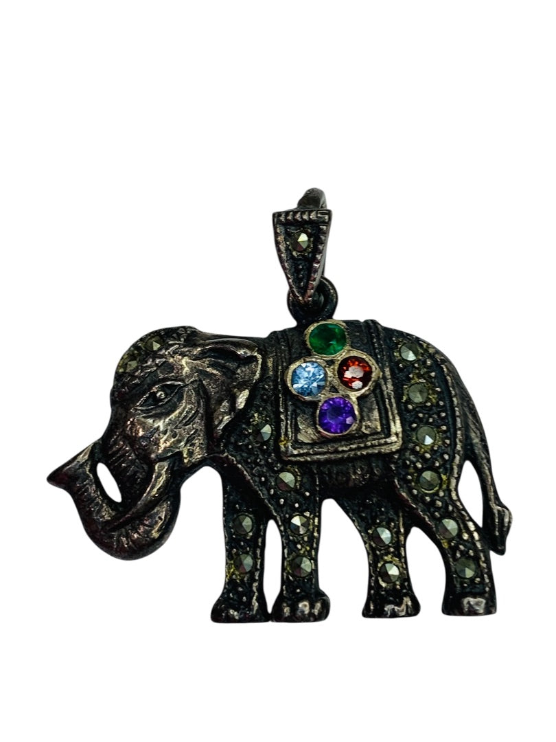 Vintage Elephant Silver Luck Pendant Stones Small 1 Inch