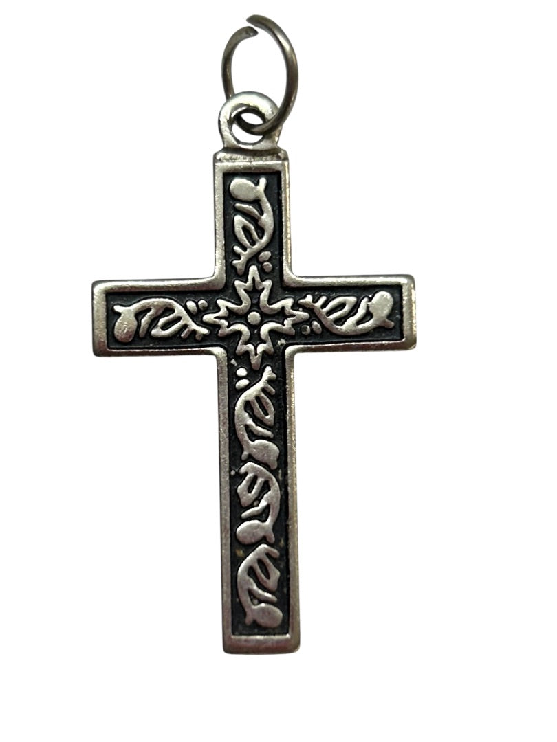 Silvertone Black Ornate Pendant Cross Religious 1.2"