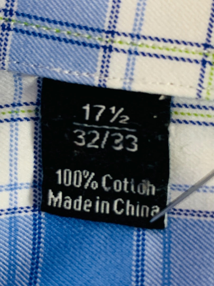 17.5 (32/33) David Donahue Mens Button Up Dress Shirt Plaid Blue